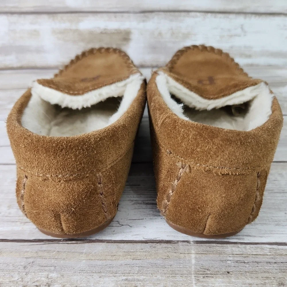 Lands' End Suede Moccasin Slippers Kids Size 11 Brown Faux Fur Monogram P Cozy